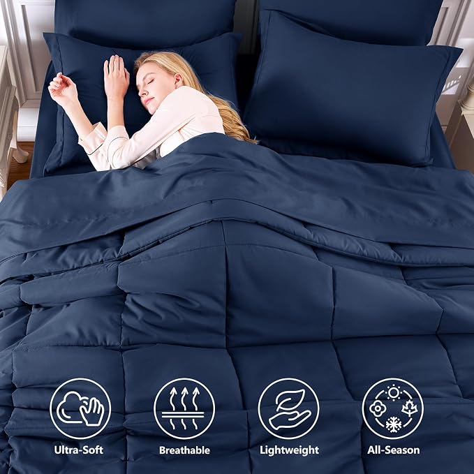 Full Size Comforter Sets, 7-Piece Bed in a Bag, Navy Blue | OEKO-TEX Certified, Box-Stitched Design, 240 GSM Down Alternative Fill, All-Season Comfort, Sheets, Pillowcases & Shams