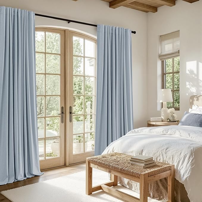 MIULEE 100% Blackout Linen Curtains for Bedroom 40W x 96L Light Blue | 2 Panels, 96 inches Long, Thermal Insulated, Room Darkening, Black Out Drapes for Living Room, Back Tab Rod Pocket