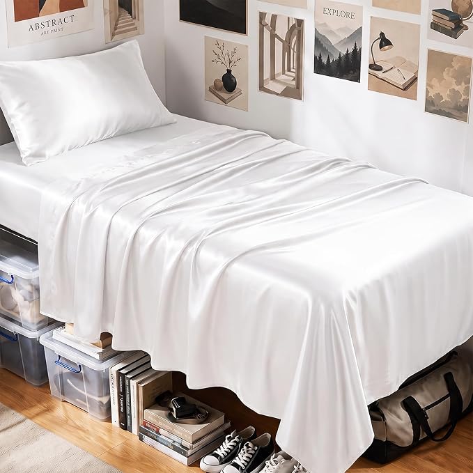 CozyLux Satin Sheets Twin XL, 3-Piece 14-Inch Deep Pocket Sheet Set | OEKO-TEX Certified Silky Soft Sheet Set for Hair & Skin, Luxurious Silky-Smooth Satin for Elegant Bedroom Decor, White