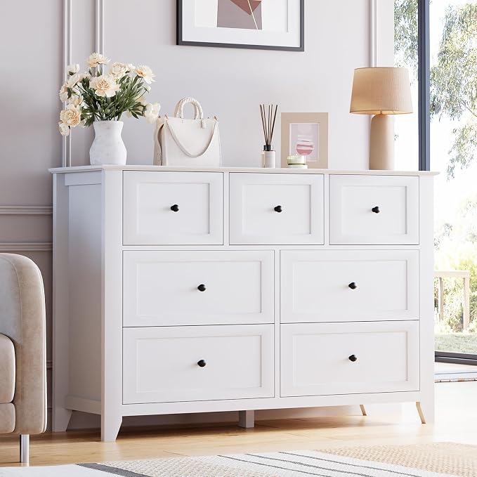 Garvee White 7-Drawer Dresser for Bedroom, 54" Entryway Storage Organizer | Modern Lacquered Chest of Drawers for Bedroom, 15.8"D x 54"W x 31.5"H, MDF