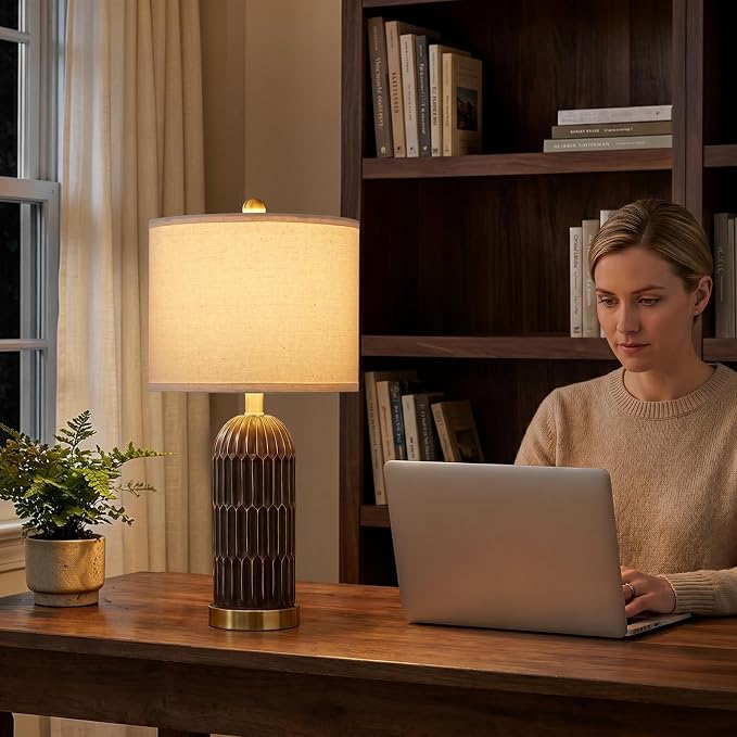 OYEARS 22.5" Bedside Table Lamps Set of 2, Farmhouse Table Lamp with USB A+C Charging Ports, Vintage Nightstand Lamp for Bedrooms and Living Rooms, Mid Century Modern End Table Lamp, Brown and Gold
