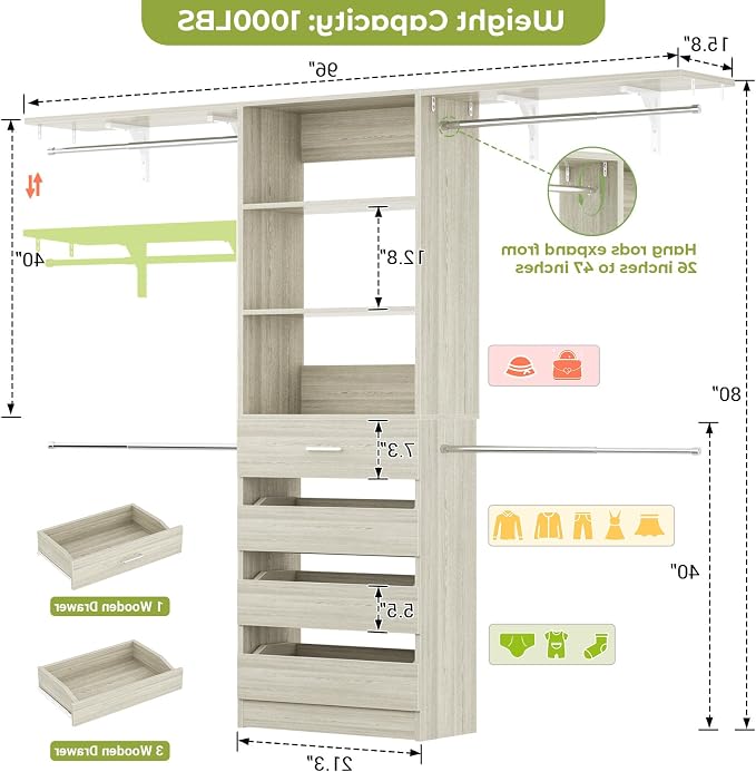 Aheaplus Closet System with 4 Drawers, 8FT Wood Closet Organizer System | 96" Closets Built In System Tower with Shelves & 4 Rods, Walk-in Closets Wardrobe Clothes Rack, Fits Spaces 4-9 ft, White Oak
