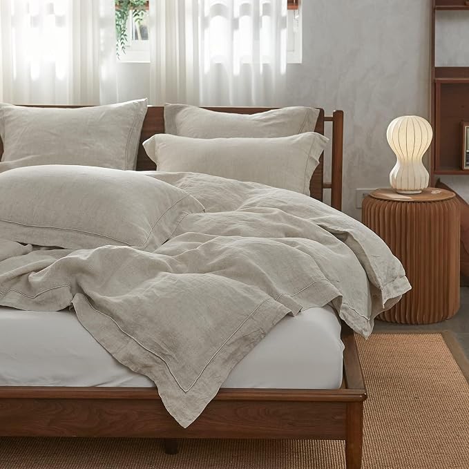 Simple&Opulence 100% Linen Duvet Cover Set with Embroidery Border Washed - 3 Pieces (1 Duvet Cover with 2 Pillow Shams) with Button Closure Soft Breathable Farmhouse - Linen, Full Size