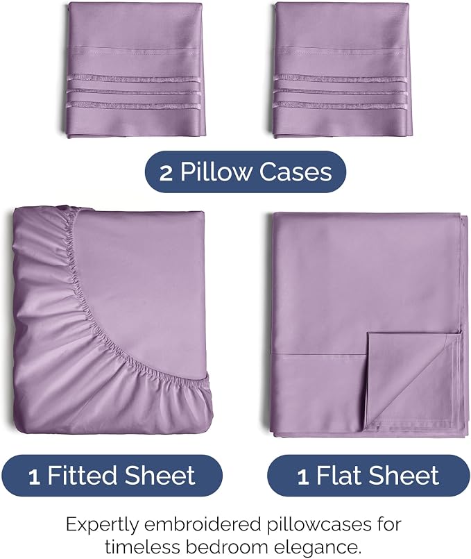 King Size 4 Piece Sheet Set - Ultra Soft & Cooling Sheets - Lilac | Fits 8 Inch to 16 inch Mattress, Wrinkle Free & Fade Resistant with Deep Pockets, Breathable, Comfy Hotel Luxury Bedding