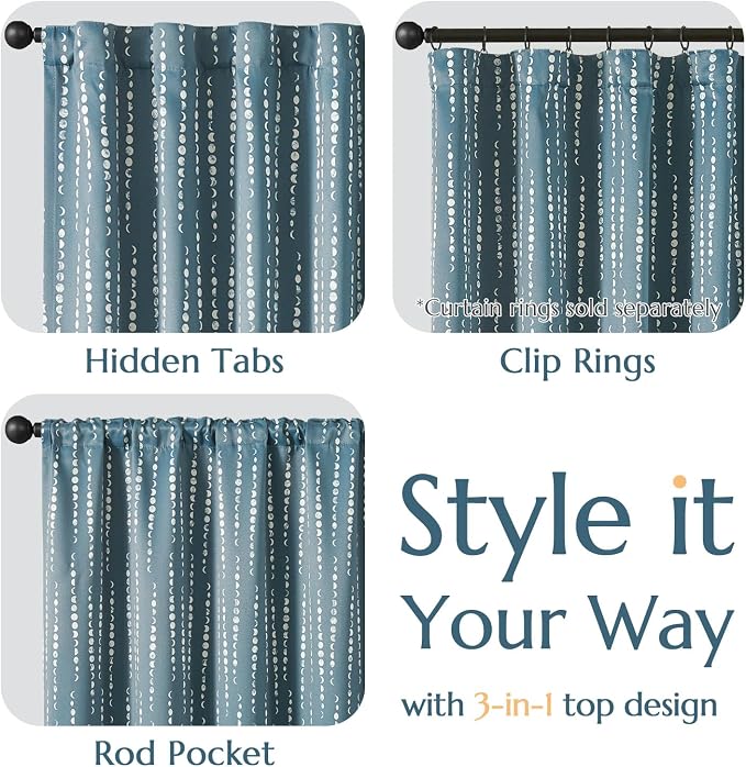 jinchan Boho Blackout Curtains 84 Inches Long Moon Phase Printed Drapes | Blue Farmhouse Curtains for Bedroom Living Room Back Tab Drapes Room Darkening Window Treatments 2 Panels