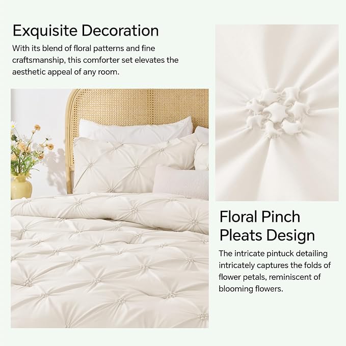 BEDELITE King Comforter Set Cream White,Lightweight & Soft Comforter | Pintuck Boho Bedding, Warm & Cute Bed Set for All Season,With 2 Pillowcases