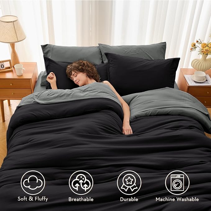 7 Pieces King Comforter Set, Soft Bed in a Bag King Size, All Season Bedding Set with Comforter, Flat Sheet, Fitted Sheet, Pillowcases & Shams, Black & Grey