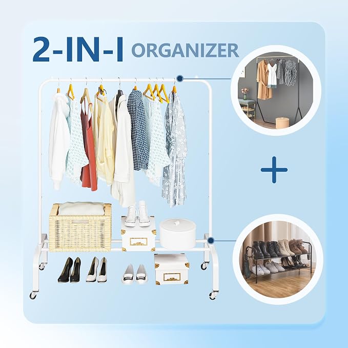 JIUYOTREE Metal Clothing Rack with Wheels, 43.3 Inches Rolling Clothes Garment Coat Rack with Bottom Shelf, Clothing Rack for Hanging Clothes, Coats, Skirts, Shirts, Sweaters, White