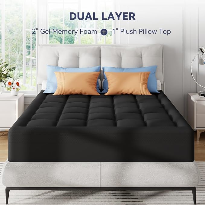 ELEMUSE 3 Inch Queen Dual Layer Memory Foam Mattress Topper with Pillowtop | 2 Inch Cooling Gel Foam,1 Inch Soft Pillowtop Pad, Pressure Relief Bed Topper, Comfortable Support