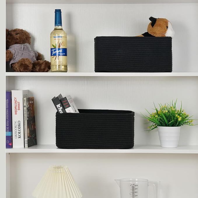 3 Pack Storage Baskets for Organizing, 13.7×9.5×6.3", Black | Woven Baskets for Shelves, Cotton Rope Basket for Gifts Empty, Closet Organizer Bins with Handles, Cube Decorative Box