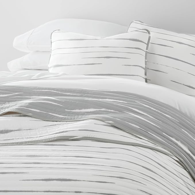 Merit Linens Soft Quilt Coverlet Bedding Set - Reversible Patterns - King/Cal-King Light Gray