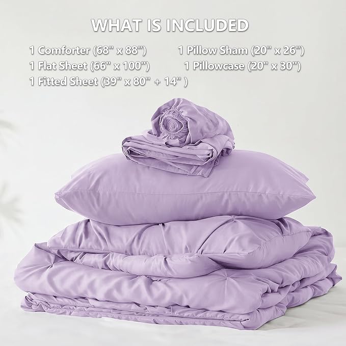 Twin XL Comforter Set Lavender, 5 Pieces Pintuck Bed in a Bag | College Dorm Essentials, OEKO-TEX 100 Certified, 240GSM All Season, Down-Alternative Comforter, Sheets, Pillowcase & Sham
