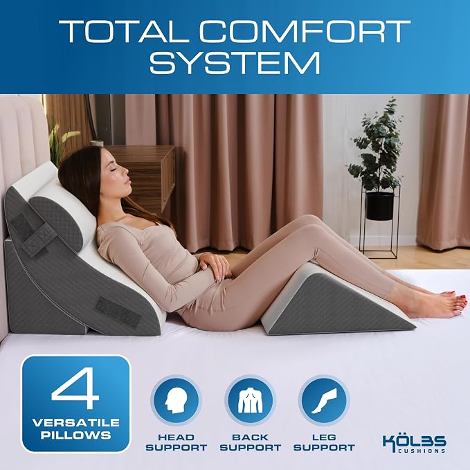 Kolbs 4pcs Orthopedic Bed Wedge Pillow Set | Stylish Chic Plush Velvet Cover | Post Surgery Body Pillow, Wedge Pillows For Sleeping | Acid Reflux and Gerd Wedge Pillow For Sleeping (4 Piece Wedge Set)
