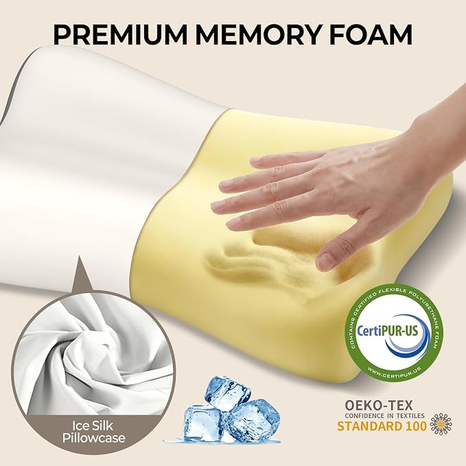 Polovo Cervical Neck Pillow - Ergonomic Side Sleeper Pillow for Pain Relief, Contour Memory Foam Pillows for Deep Sleep, Orthopedic Cooling Pillow Bed Pillow for Side Back Stomach Sleepers(White&Grey)