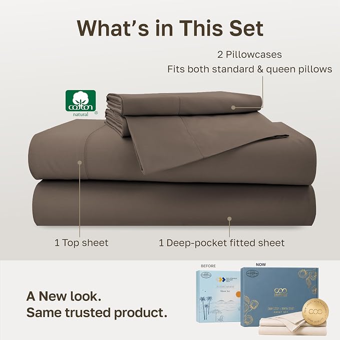 California Design Den 100% Cotton Sateen Queen Bedsheets Set,Mushroom Brown | Soft 500 Thread Count Backed by Good Housekeeping Seal, 16" Deep Pocket, All-Around Elastic, Durable, Easy Care