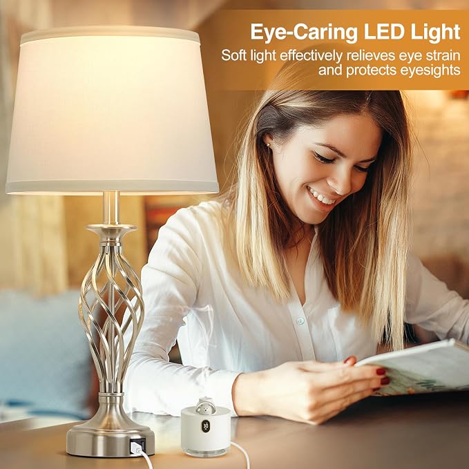 Table Lamp for Bedroom Set of 2 with USB C+A Ports,Modern Night Stand Lamps | Silver Bedside Lamps with Spiral Cage Base,White Fabric Shade,Lamp for Living Room Reading Bed Side End Table,Bulbs Included