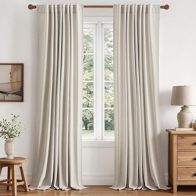 MIULEE 100% Blackout Linen Curtains for Bedroom 40W x 108L Beige 2 Panels | 108 inches Long, Thermal Insulated, Room Darkening, Black Out Drapes for Living Room, Back Tab Rod Pocket
