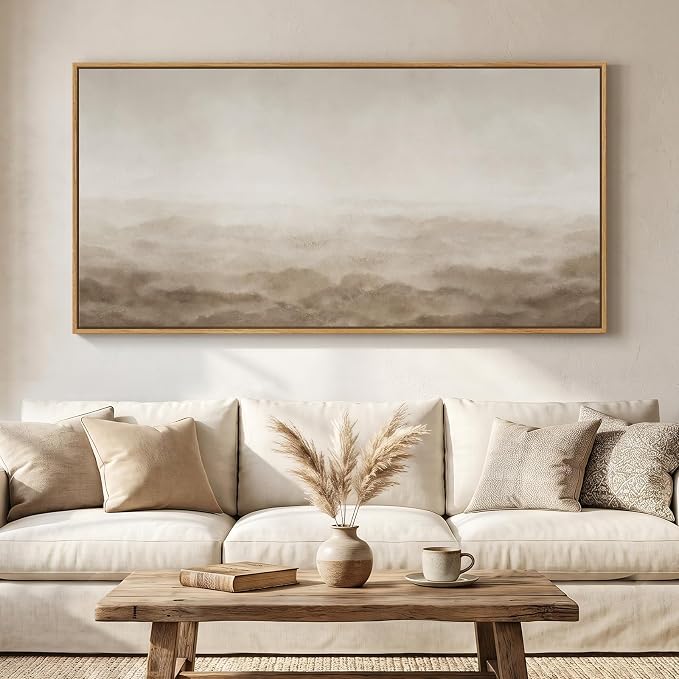 Large Framed Neutral Beige Brown Abstract Wall Art for Living Room 60x30 In | Rustic pictures, Canvas prints, Solid wood frame, Landscape paintings artwork, Minimalist wall decor for bedroom, Dining Room