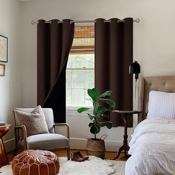 BGment Thermal Insulated 100% Blackout Curtains for Bedroom with Black Liner, Double Layer Full Room Darkening Noise Reducing Grommet Curtain (42 x 63 Inch, Brown, 2 Panels)