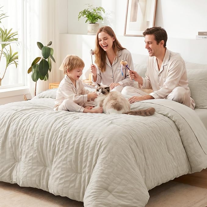 King Size Comforter Set, 7 Pieces Oatmeal Seersucker Bed in a Bag | OEKO-TEX Certified, All Season Bedding Set with 240 GSM Down Alternative Comforter, Flat & Fitted Sheets, Pillowcases & Shams