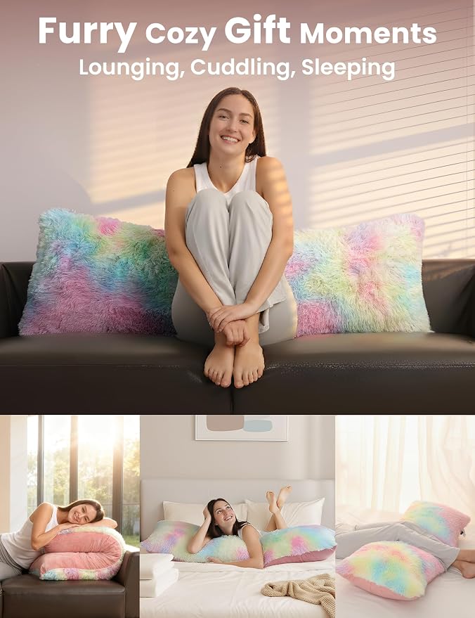 ZonLi Fluffy Body Pillow for Adults, Fuzzy Faux Fur Long Pillow with Shredded Memory Foam, Adjustable Support for Side Sleepers, Gifts, 20 x 54 Inch, Rainbow