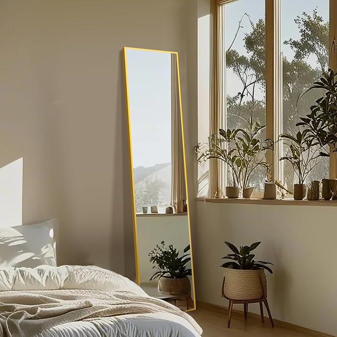Full Length Mirror with Stand, 56x15 Gold Floor Mirror | Aluminium alloy frame with HD float glass for distortion-free reflection. Free standing or wall mounted.