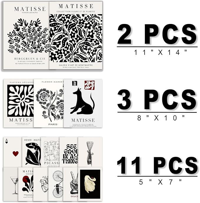 16 PCS Black and White Wall Art Decor, Matisse Abstract Gallery Wall Prints for Bedroom, Minimalist Posters for Living Room Aesthetic, Collage Kit Pictures, Dorm Home Decor