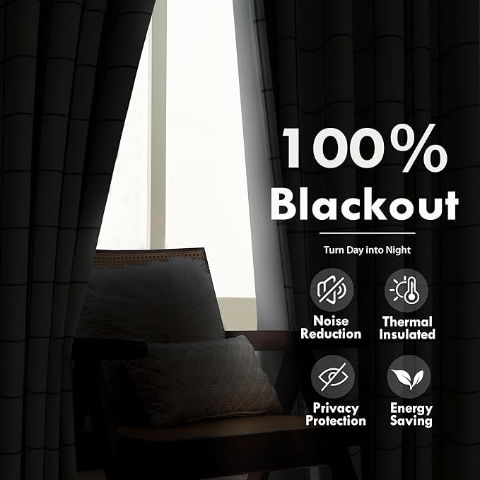 DriftAway 100% Blackout Plaid Linen Curtains 90 Inches Long 2 Panels Black | 100% Blackout, Linen Texture, Plaid Pattern, Two Layers, Rod Pocket & Back Tab, Bedroom Living Room Use, Luxury Appearance