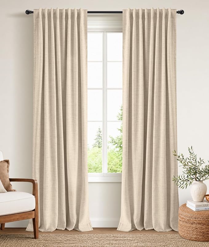 INOVADAY 100% Blackout Linen Curtains for Bedroom 50x90 Inches Natural Flax | Linen Textured, Light Blocking, Room Darkening, Thermal Insulated, Back Tab Top, Window Curtains for Living Room, 2 Panels
