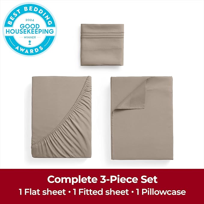 Mellanni Iconic 3-Piece, Ultra Soft Sheet Set (Twin XL, Tan) | 10M+ Sleepers. Lab-tested: Sleeps Cool, Stays Bright, Strong, Smooth. Good Housekeeping Best Bedding, 7 yrs running.