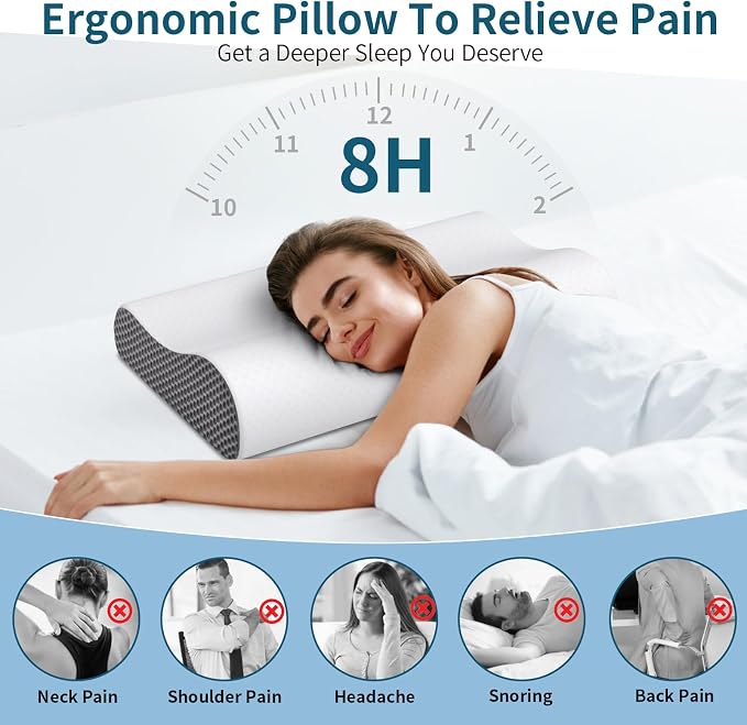 Cervical Neck Pillow for Pain Relief, Contour Memory Foam Pillows Ergonomic Pillow for Sleeping Bed Pillow Neck Support with Cooling Pillowcase Orthopedic Pillow for Side Back Sleepers(Light Grey)