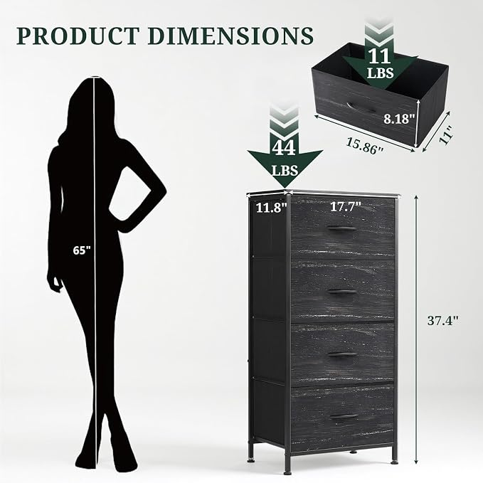 4 Drawers Dresser for Bedroom Fabric Storage Tower with Wooden Top | Steel Frame Tall Chest of Drawers for Closet, Entryway, Dorm, Charcoal Black
