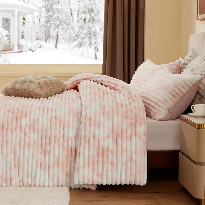 BEDELITE Fleece Twin/Twin XL Comforter Set, Fluffy Bed Set, Pink&White | Super Soft & Warm Bedding, Luxury Fuzzy Faux Fur Comforter for Winter, Heavy Plush Bedding, with 1 Pillowcase