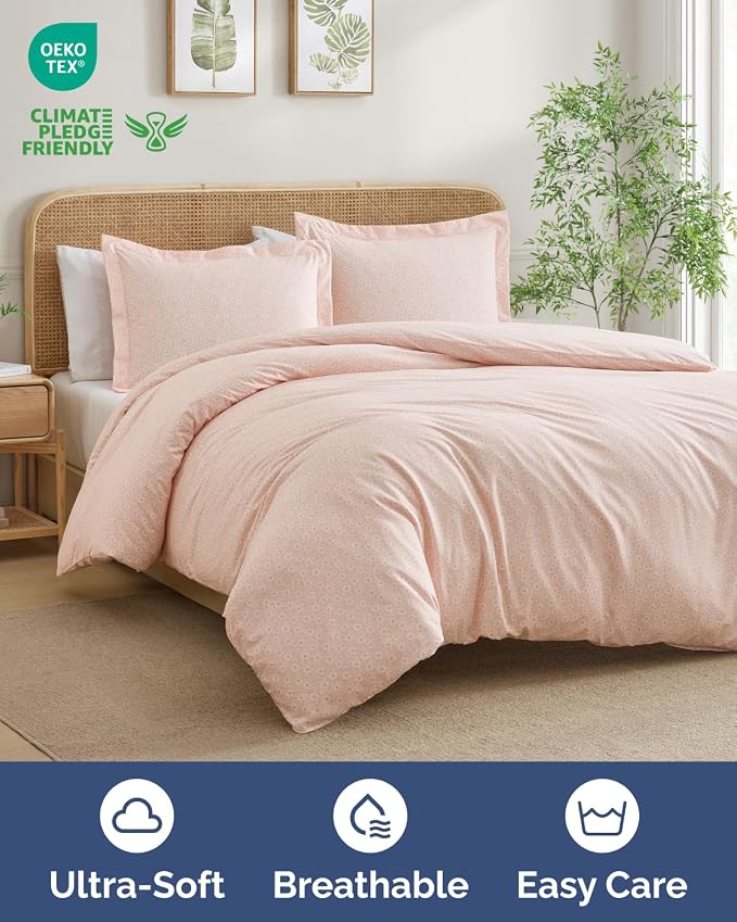 Duvet Cover Cal King Size - Floral Duvet Cover - 3 Piece - Pink Daisy | Soft Floral Duvet Cover 104 x 98 with 2 Pillow Shams, Zipper Closures & Ties, Floral Bedding for Women, Men, Kids & Teens