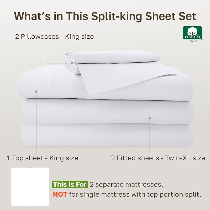 California Design Den 100% Cotton Sateen Split King Sheets Set, 5 Pc, White | 500 TC with Good Housekeeping Seal, Split King Sheets Sets for Adjustable Bed with 2 Separate Twin-XL Mattresses