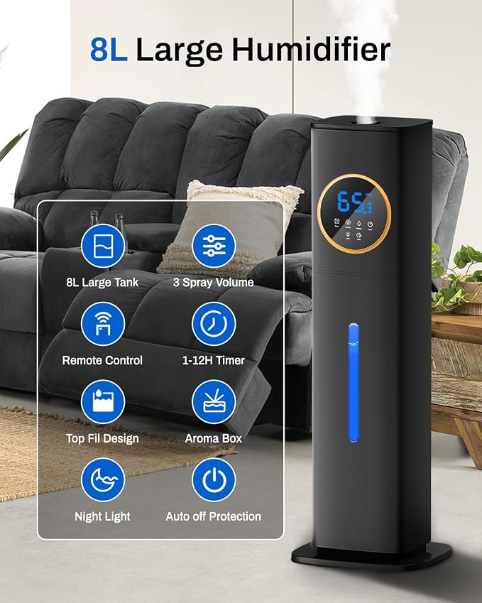Lacidoll 8L Large Humidifier for Bedroom Large Room Home 800 sq ft, Black | 48H Top Fill Cool Mist Humidifier for Baby Nursery, Humidity Control, Night Light, Essential Oil Tray, Safe for Plants & Pets