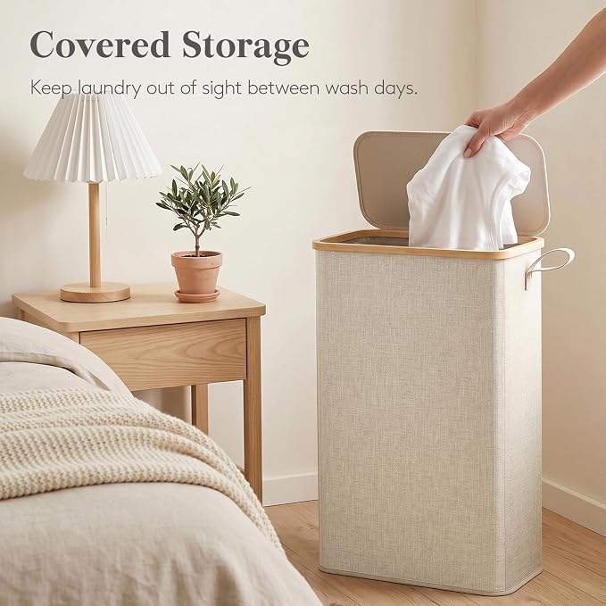 Lifewit 75L Slim Laundry Hamper with Lid, Narrow Laundry Basket with Removable Bag & Bamboo Handles, Fodable Thin Dirty Clothes Hamper for Laundry Collapsible Bin for Bathroom Bedroom Dorm, Beige