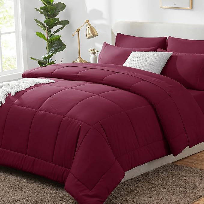 Queen Comforter Set Burgundy - 7 Pieces Bed in a Bag | OEKO-TEX Certified, All-Season, Bedroom, Guest Room, Down-Alternative Comforter + Flat & Fitted Sheets + 4 Pillowcases