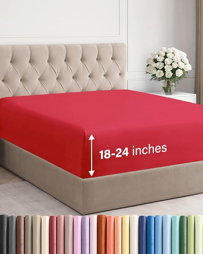 Extra Deep Queen Fitted Sheet - Single Fitted Sheet Only - Red | Easily Fits 18 inch to 24 inch Mattress, Soft, Wrinkle Free, Breathable & Comfy, Extra Deep Pockets Hotel Luxury Fitted Sheet