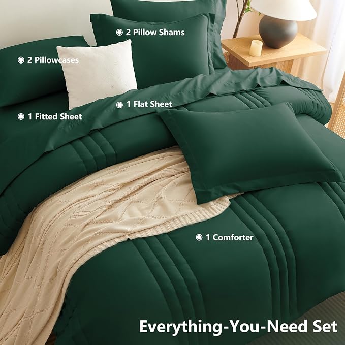 Queen Comforter Set Emerald Green - 7 Pieces Bed in a Bag | OEKO-TEX Certified, 240GSM Down-Alternative Comforter, 14" Deep-Pocket Sheets, Shams & Pillowcases, Lightweight