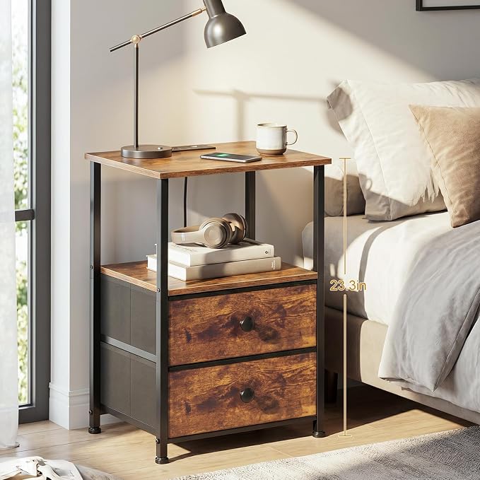 Nightstands Set of 2, Night Stand with Charging Station | Bedside Table with 2 Fabric Drawers for Bedroom, End Tables with Storage Shelf for Small Spaces, Rustic Brown
