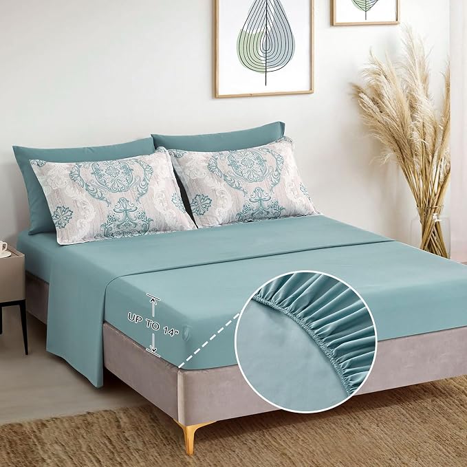 WONGS BEDDING Aqua Comforter Set King Size, Damask Texture 7 Pieces Bed in a Bag Microfiber Bohemian Comforter Bedding Sheet Set with Comforter, Flat Sheet, Fitted Sheet, Pillow Shams, Pillowcases
