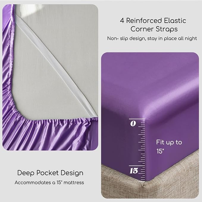 MR&HM Satin Sheets Queen Size with Elastic Corner Straps, Lavender | Similar to Silk, 6-Piece Silky Soft Bed Sheet Set, Gentle on Skin and Hair, 15" Deep Pocket, Cooling & Breathable