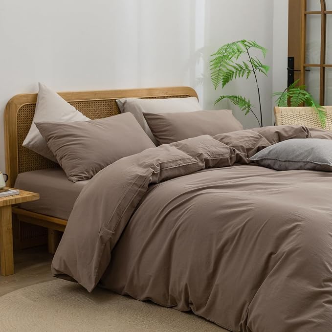 BESTOUCH Cotton Solid Duvet Cover Set Linen Feel Pine Bark Brown Twin | 100% Washed Cotton, Soft Wrinkle Texture, Hidden Zipper, 8 Ties, Breathable Lightweight Durable Comfy, 2 Pcs No Insert