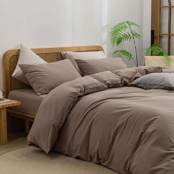 BESTOUCH Cotton Solid Duvet Cover Set Pine Bark Brown Oversized Queen | 100% Washed Cotton, Soft Wrinkle Texture, Hidden Zipper, 8 Ties, Breathable Lightweight Durable Comfy, 3 Pcs No Insert