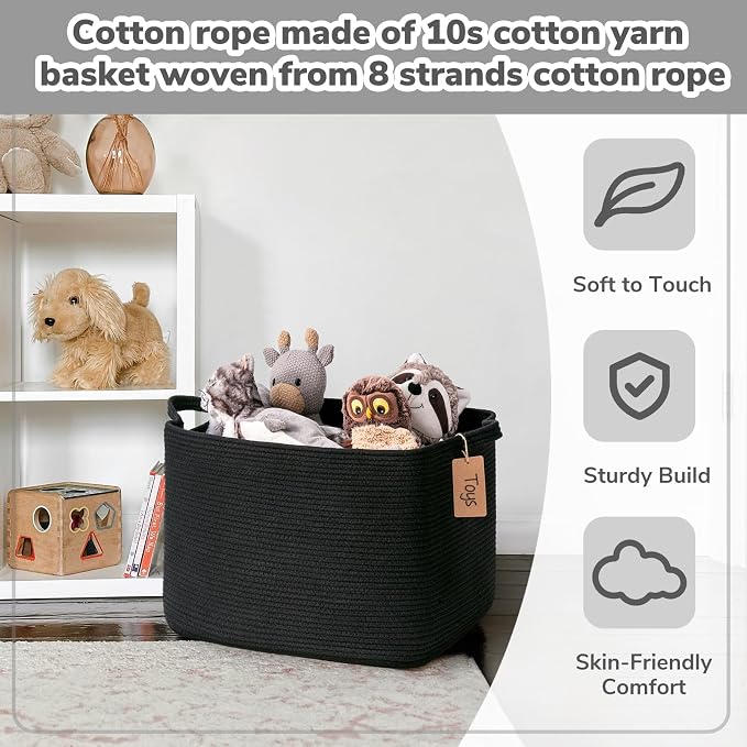 Goodpick 50L Large Woven Rope Storage Basket with Handles, Black | 18" × 14" × 12" Stylish Gift Basket for Living Room & Nursery Organization, Fits Blankets, Toys & Home Essentials Storage