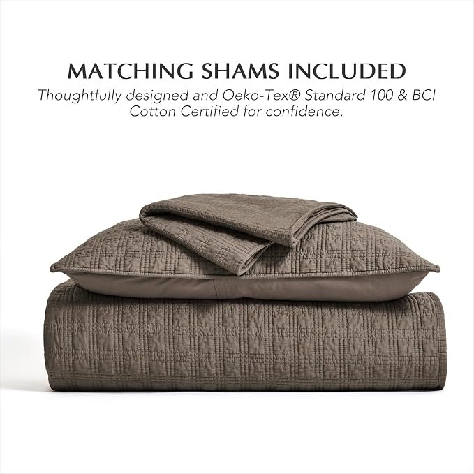 EVERGRACEHOME Cotton Sateen Windowpane Quilt Set King Size, Mocha Brown | 100% Cotton, Pre-Washed Soft Coverlet Bedspread, 3-Piece Lightweight Bedding Set for All Season, with 2 Pillow Shams