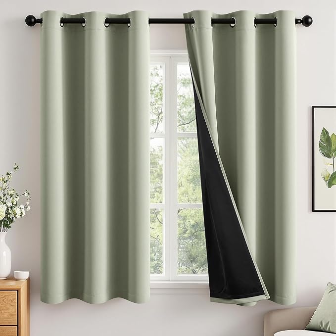 MIULEE Sage Green 100% Blackout Curtains for Bedroom 40x63 Inch Long | 2 Thick Layers Thermal Insulated Window Curtains with Black Liner, Noise Reducing Grommet, Drapes for Living Room, 2 Panels
