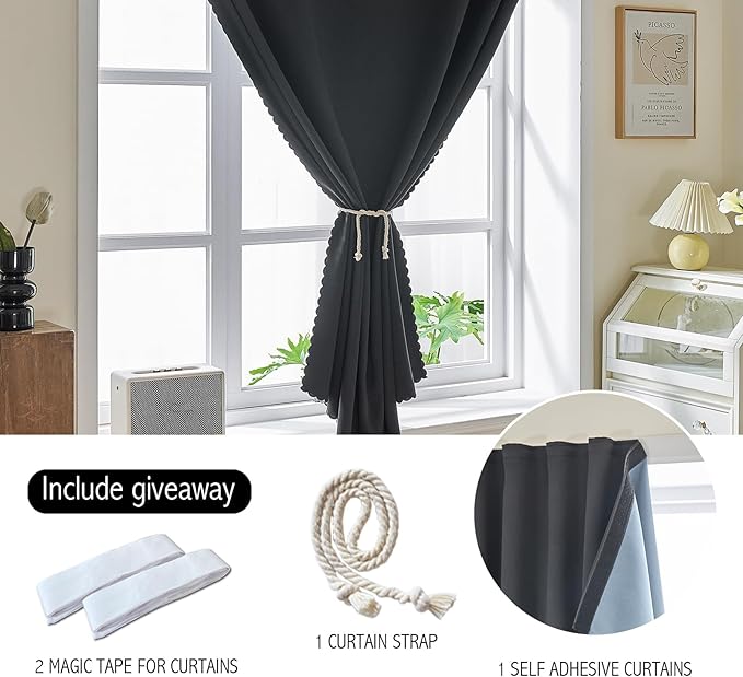 AJAZZ Self Adhesive Curtains 100% Blackout Shades Window Cover Sticky Curtain Portable Easy Open Black Out Curtains for Bedroom Living Room No Drilling (Black, 47" W x 96" L 1 Panel)