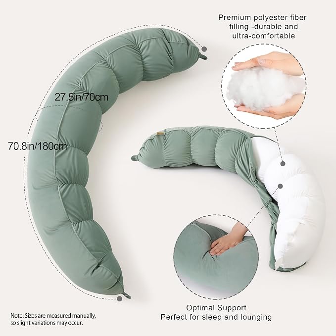Peallow(Pat. Pend) – Long Round Body Pillow for Adults, Bolster Pillow for Sleeping, Soft and Supportive Pillow for Sleeping & Lumbar Support(Willow Green,59")